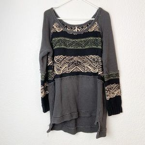 Free People Gray Black Olive Striped Knit Pullover